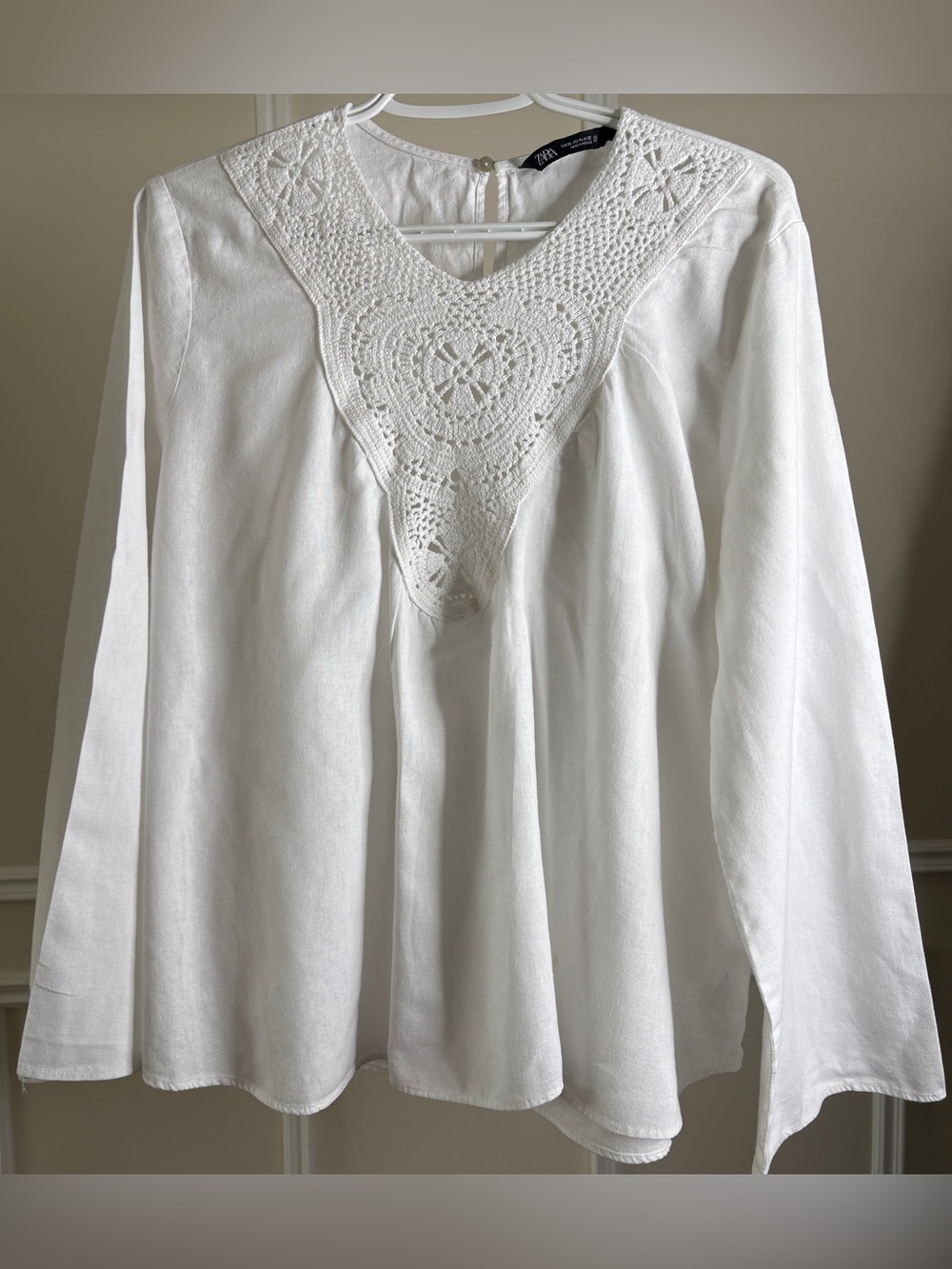 Zara White Cotton Crochet V-Yoke Long Sleeve Blouse